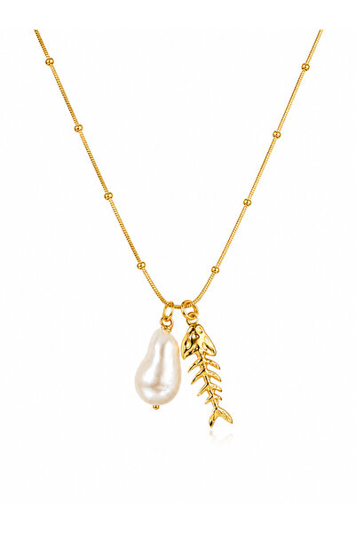 POSEİDONS JEWELLERY قلادة نسائية بلون ذهبي مع لؤلؤ باروكي ومجسمات هيكل السمكة