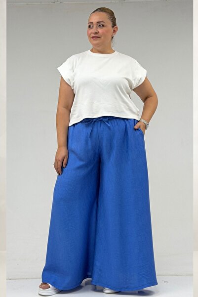 Eslina 69009 Plus Size Elastic Waist Double Tensel Trouser Skirt - Indigo