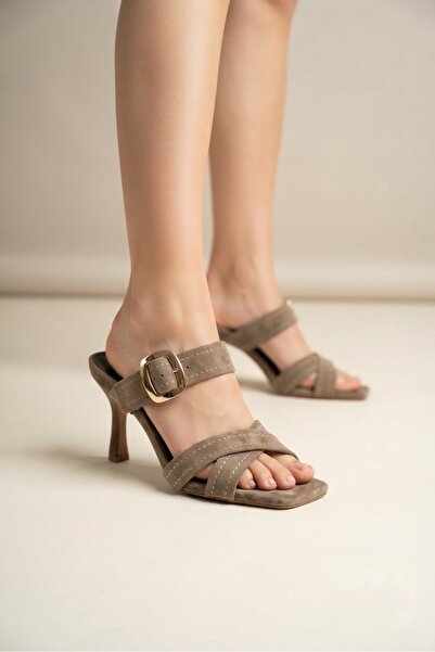 Rüya Shoes Suede Comfortable Genuine Leather Thin Heeled Slippers - 9 cm