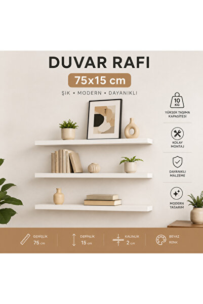 Genel Markalar 3 lü Beyaz Renk Gizli Montajlı Duvar Rafı