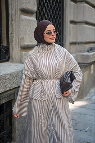 nizzell Women's Striped Cape Detailed, Adjustable Waist, Slit, Lace-Up, Hijab...