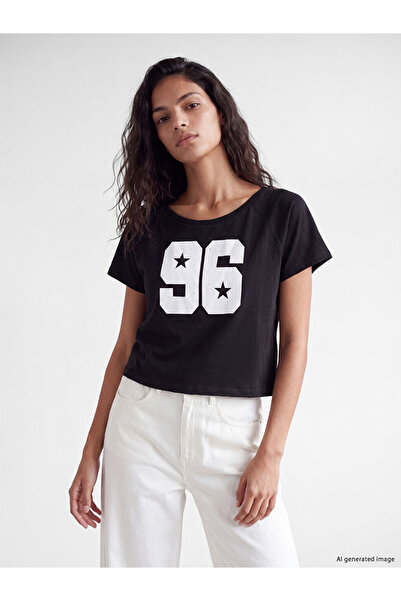 LC Waikiki Black Printed Cotton Women's T-Shirt