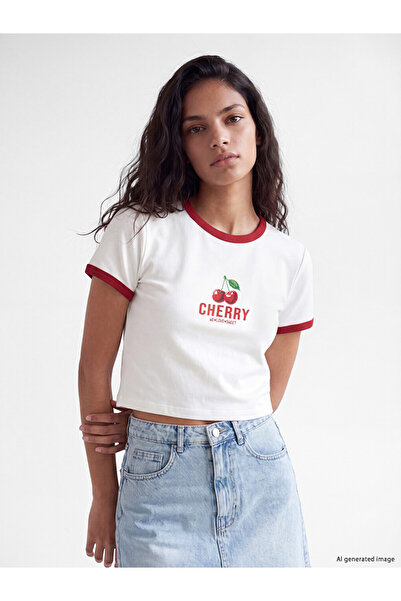LC Waikiki White Crew Neck Cherry Printed Women's T-Shirt