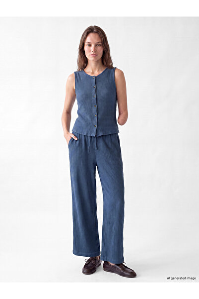 LC Waikiki Blue Textured Women's Trousers with Elastic Waist