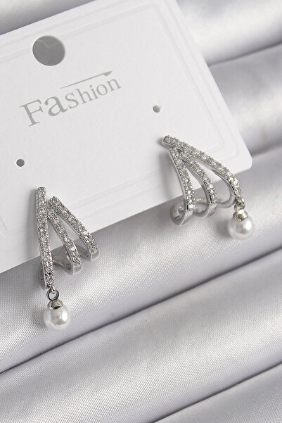 DMR Elegance Brass Silver Color Zircon Stone Claw Model Pearl Detail Women's ...
