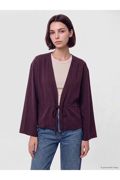 LC Waikiki Burgundy V-Neck Tie-Up Women's Kimono