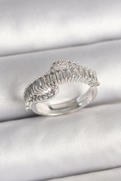 ARMÜZ Brass Silver Color Waterway Zircon Stone Adjustable Model Women's Ring