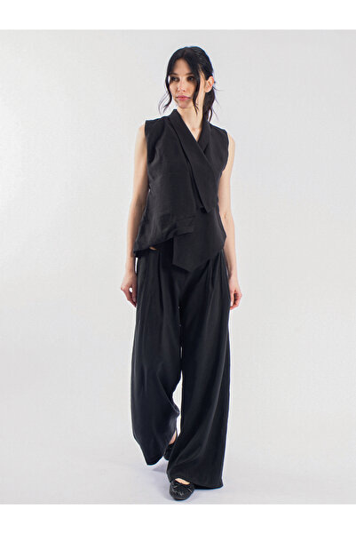 byözlemyazan Double-Breasted Collar Lace-Up Detailed Vest & Pleated Woven Loo...