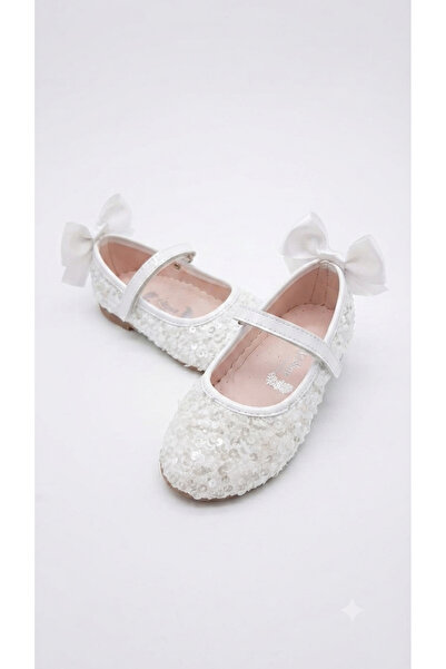 pediashoes حذاء باليه أنيق للفتيات باللون الأبيض مزين بالترتر مع فيونكة على ا...