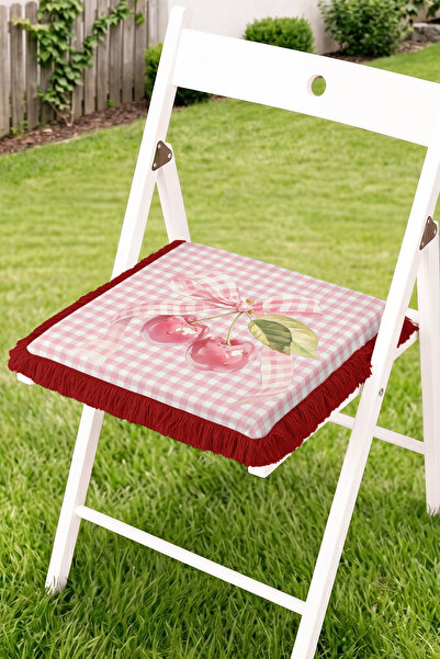 Realhomes Cherry and Ribbon Printed Fringed Zippered Chair Cushion - Tufted K...