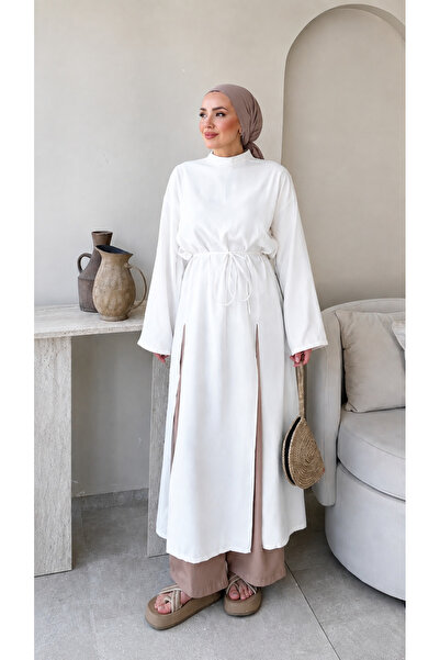 Miraydın Butik تونيك نسائي طويل برباط على الخصر وسحاب M2665 - أبيض