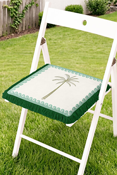 Realhomes Fringed Zippered Chair Cushion with Palm Tree Figure and Curved Bor...