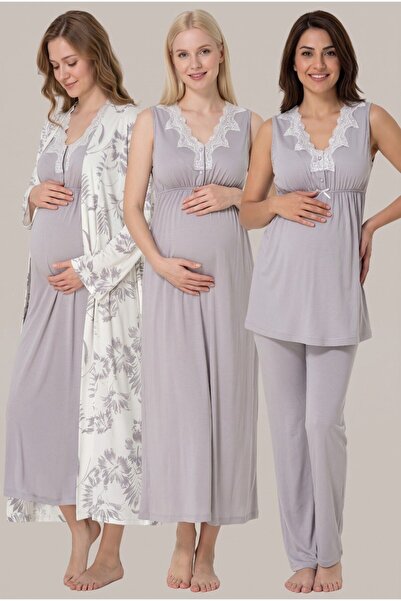LOHOUSE Women's Gray Floral Lace Detailed Maternity Nightgown Pajama Set with...
