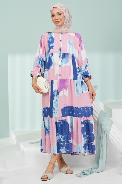 İmajButik Powder Half Buttoned Sleeves Elastic Skirt Layered Viscose Dress