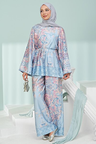 İmajButik Blue Patterned Tunic Trouser Suit
