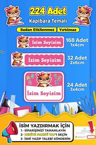 SB store Okul Kreş Kişiye Özel isim Etiket Seti Kapibara Temalı - Model 752