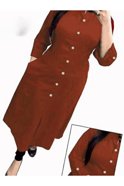 MYSMAR Rust Cotton Wooden Button Kurti - NJF2346 | Rust-Size:XL-42-Inches