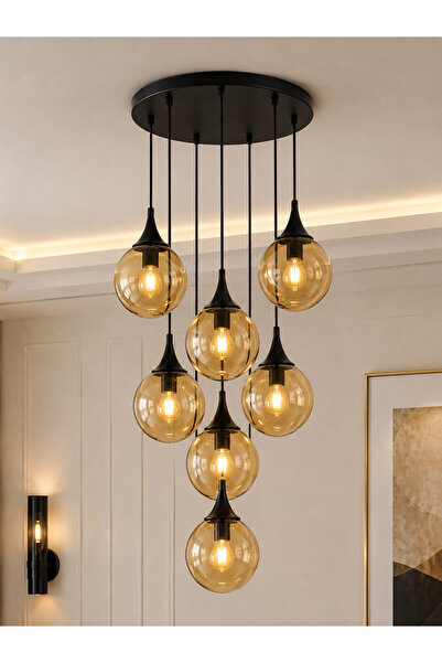 akyzlighting 7li Siyah Avize Bal Glop Camlı