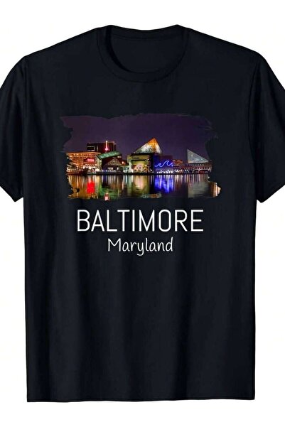 21JNRY تي شيرت بولتيمور ميريلاند - تي شيرت برسومات Inner Harbor Evening Skyli...
