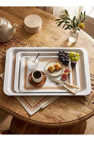 Trust 3-Piece Melamine Rectangular Serving Tray Set White with brown patterne...