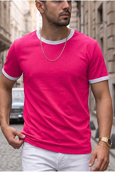 Teenage Millionaire تي شيرت رجالي بلون فوشيا، ياقة دائرية، أكمام مزينة، تي شي...