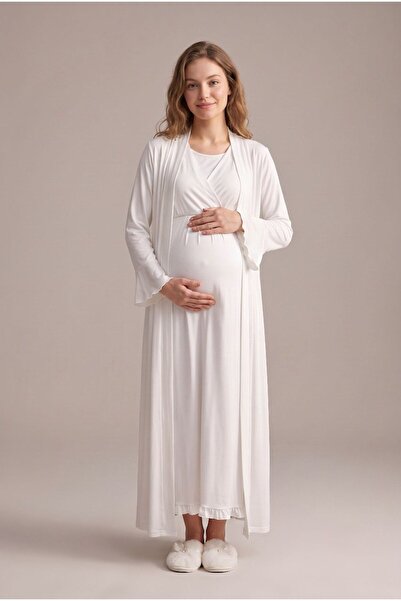 LOHOUSE Women's Ecru Double-Breasted Collar Maternity Nightgown Set with Nurs...
