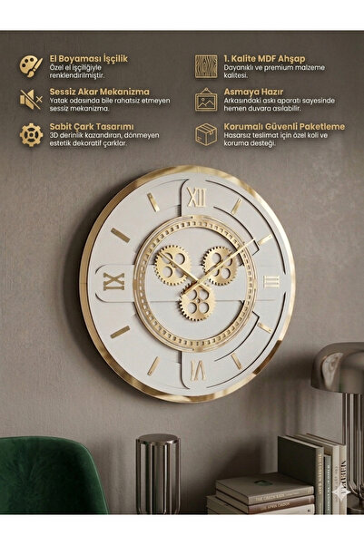 Ronson Modern Çark Detaylı Duvar Saati 70 cm Beyaz MDF Gold Aynalı Pleksi Ses...