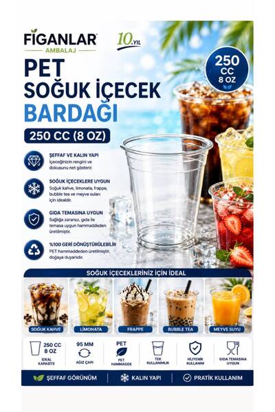 figanlar ambalaj 250 cc 8 Oz PET Plastik Soğuk İçecek Bardağı Şeffaf 95 mm 1 ...