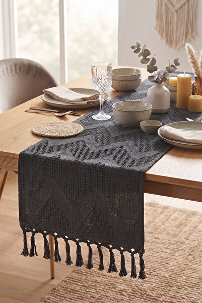 Destiva Home Püsküllü Zigzag Desenli Dokulu Masa Örtüsü Dekoratif Salon ve Mu...