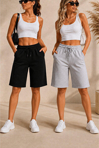 BERYY MODA Set de pantaloni scurți din bumbac cu talie înaltă pentru femei, n...