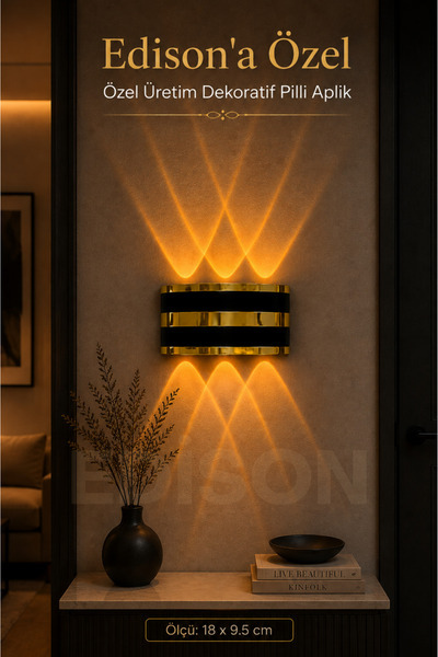 Edison Pilli LED Duvar Apliği Gold Detaylı Kablosuz Dekoratif Amber Aplik Mod...