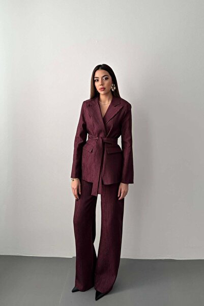 Moda Days طقم سترة وبنطلون نسائي بلون البرقوق، سترة واسعة الأرجل مع حزام وياق...