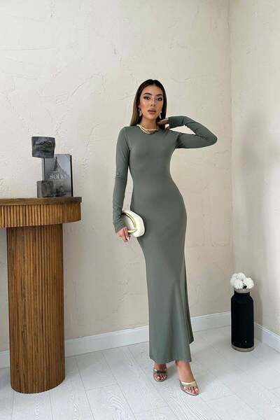 Clothes Fast فستان نسائي طويل من الكاكي بقصة ضيقة وياقة دائرية وأكمام طويلة و...