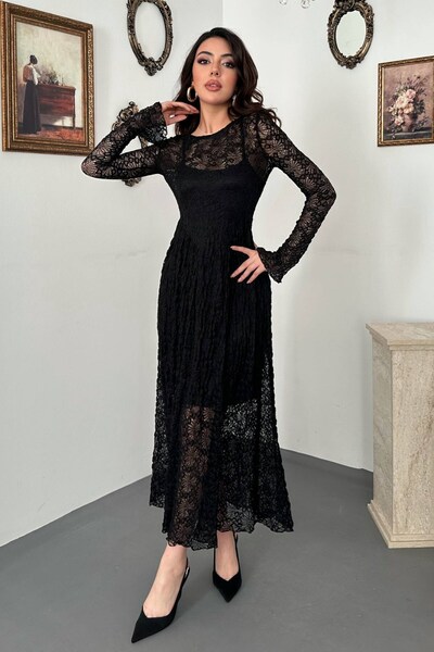 Moda Days Women's Black Long Sleeve Lined Lace Maxi Dress Crew Neck Flared Skirt