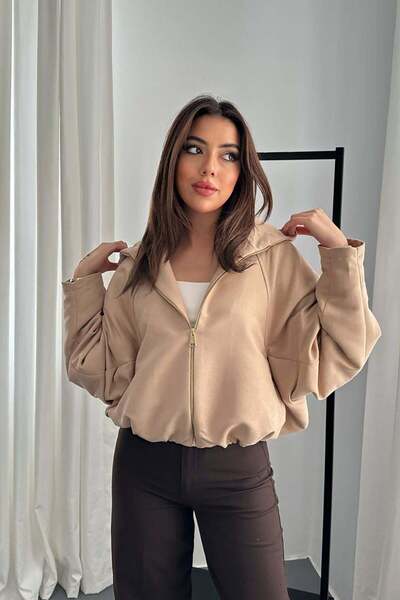 Clothes Fast سترة نسائية بيج قصيرة بقلنسوة وسحاب وملمس موحد وأكمام طويلة