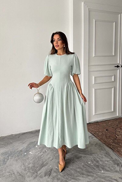 Moda Days فستان ماكسي نسائي من الكتان المخلوط بأكمام بالون وربطة خلفية