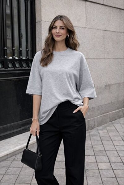 Moda Days تي شيرت نسائي رمادي اللون برقبة دائرية وأكمام قصيرة من نوع سوبر جيرس