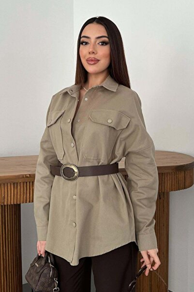 Clothes Fast Women's Mink Gabardine Shirt Oversized Cut Long Sleeve Double Po...