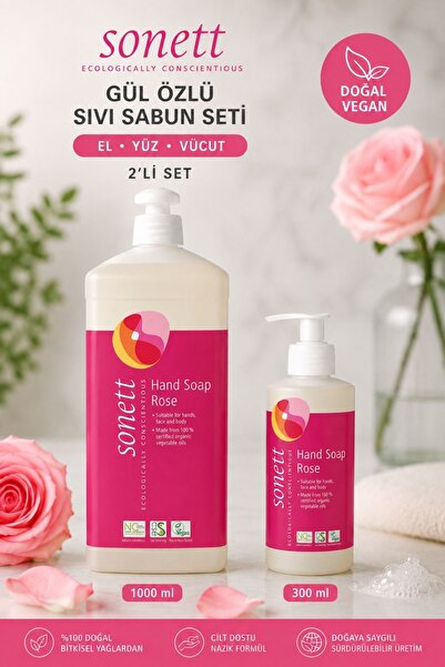 Sonett Gül Özlü Sıvı Sabun Seti 1000 ml + 300 ml | Organik, Vegan El, Yüz ve ...