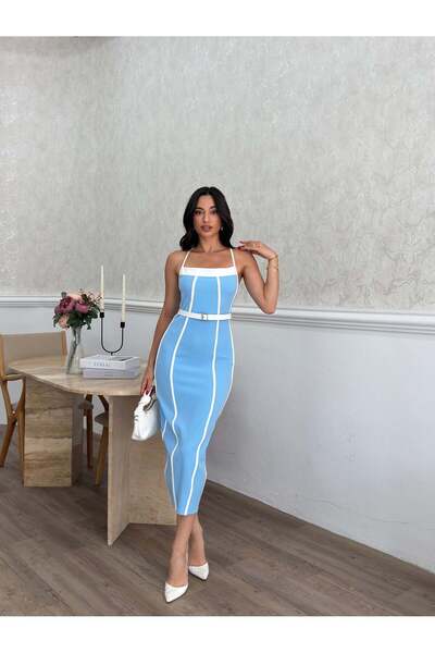 Clothes Fast فستان نسائي متوسط الطول باللون الأزرق الفاتح - فستان متوسط الطول...