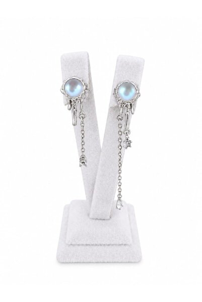 CM Jewelry Zircon Stone Star Detailed Dangle Silver Color Steel Earrings