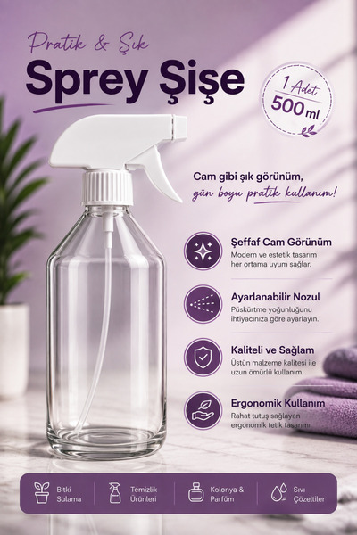 Arkhelais Sprey Şişe – 500 ml Cam Görünümlü Ayarlanabilir Nozullu Çok Amaçlı ...