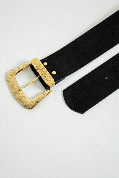 Moda Days Women's Black Suede Textured Embroidered Gold Buckle Adjustable Belt