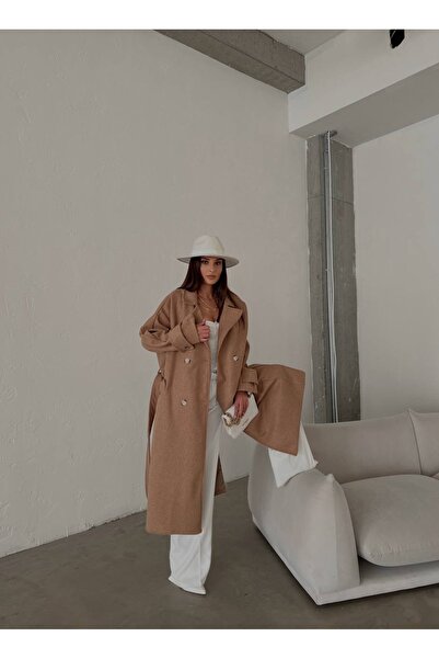 LB Laluna Butik Women's Cuff Detailed Belted Long Cuff Coat Oversize Comforta...