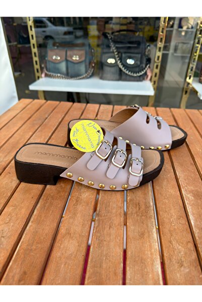 Mammamia Takunya Ahşap Deri Kadın Terlik (4cm topuk)