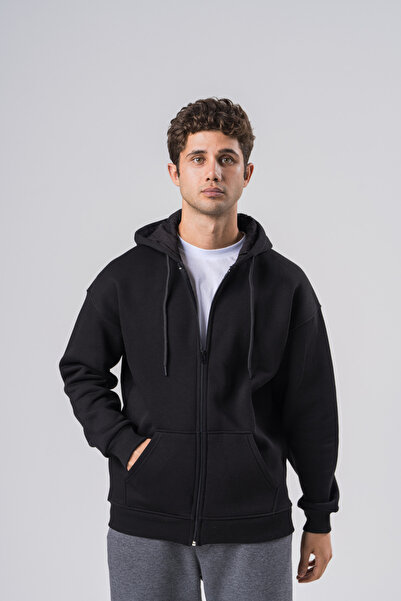 COAL CİTY Erkek Siyah 3 İplik Oversize Fermuarlı Kapüşonlu Hoodie