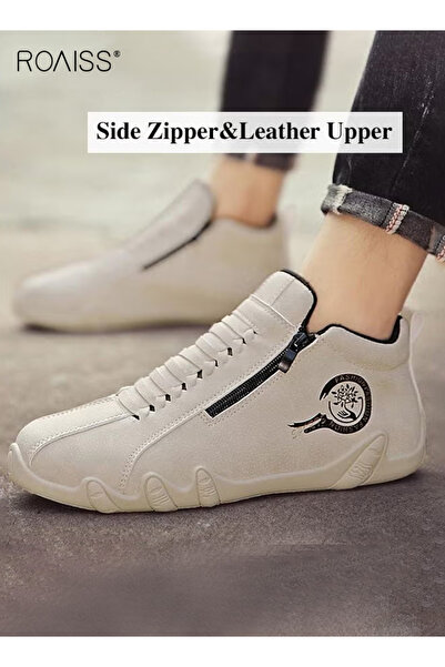 ROAISS Men Casual Waterproof Anti Slip Leather Shoes, Wear Resistant Short Bo...