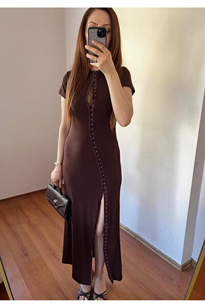 Meros Atelier Bitter Brown Agraf Detailed Low-Cut Adjustable Long Dress