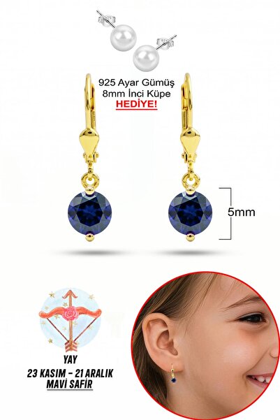 klas gümüş 925 Ayar Gümüş Çocuk Küpesi |5 mm Mavi Safir Taşlı Sallantılı Küpe...
