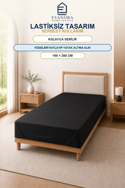 evonora Riva Series Black Single Elastic-Free Flat Sheet 100X200 cm